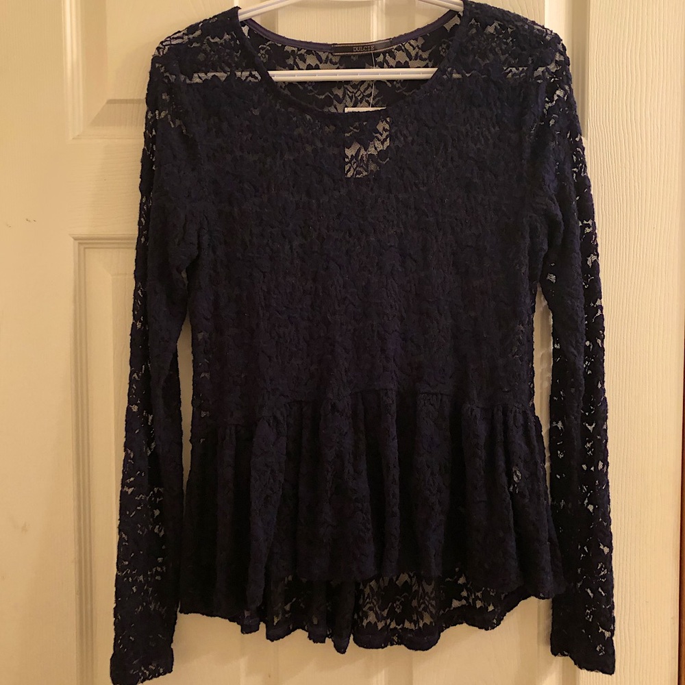 Dulcie Dark Navy, Floral Lace, Peplum Long Sleeve